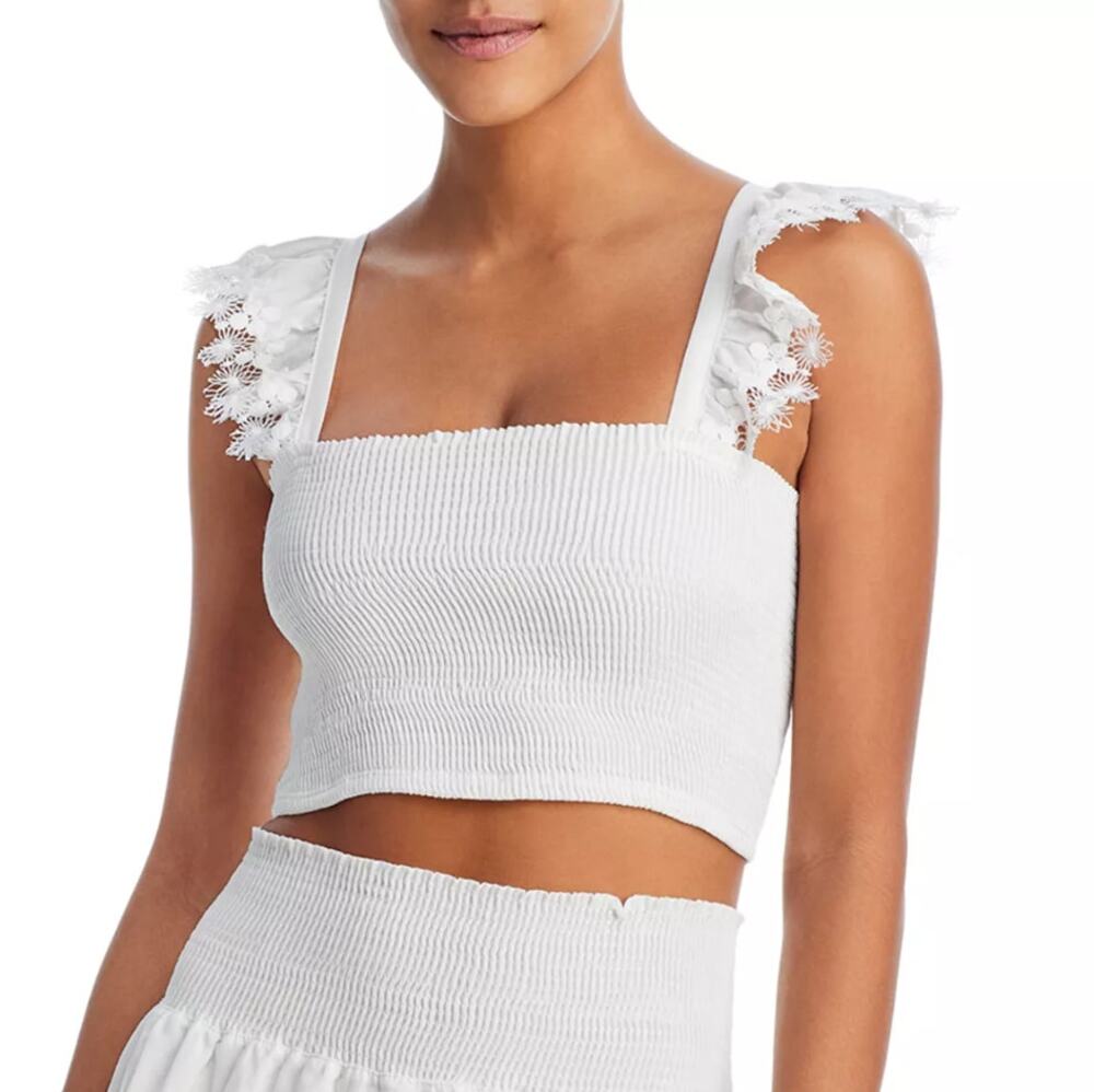 Peixoto Women White Stretch Cotton Mariel Swim Cover-Up Smocked Top Size L